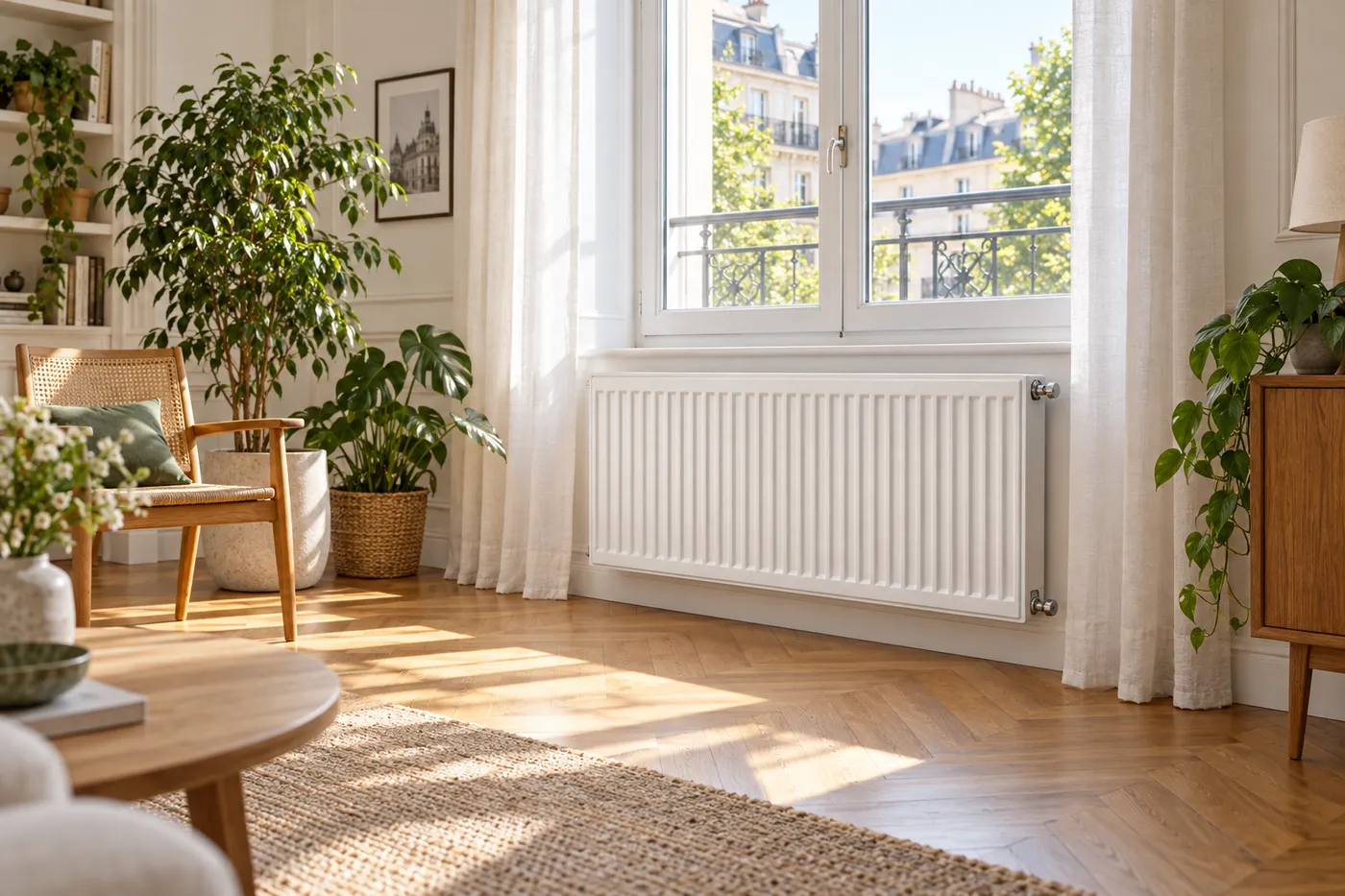 Radiateur en acier blanc sous la fenêtre d'un salon d'appartement