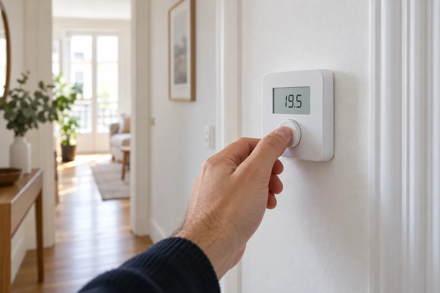 Réglage d'un thermostat d'ambiance mural dans un couloir d'appartement